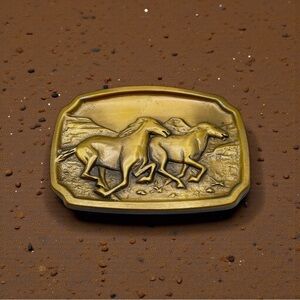 Solid Brass Belt Buckle With Wild Horses Mustangs by BTS Collectible Vintage